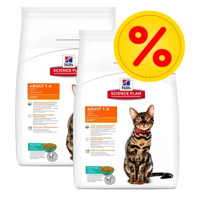 Pack de dos sacos de pienso Hill's Science Plan Adult 1-6 Light para gatos, con atún. Etiqueta de oferta visible con símbolo de porcentaje. Pack de dos sacos de pienso Hill's Science Plan Adult 1-6 Light para gatos, con atún. Etiqueta de oferta visible con símbolo de porcentaje.