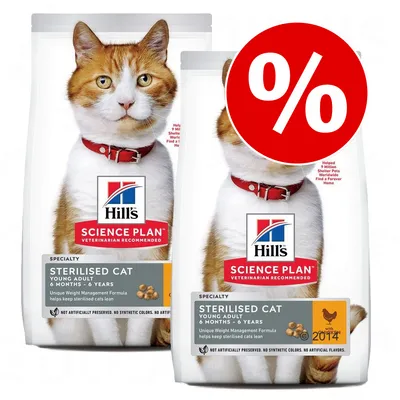 Hill's Science Plan Sterilised Cat Young Adult 6 months–6 years, δύο συσκευασίες με ένδειξη προσφοράς % στο μπροστινό μέρος. Ορατή γάτα και λογότυπο Hill's.