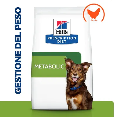 Confezione Hill's Prescription Diet Metabolic con scritta 'Gestione del peso', immagine di cane e simbolo arancione di pollo in alto a destra. Confezione Hill's Prescription Diet Metabolic con scritta 'Gestione del peso', immagine di cane e simbolo arancione di pollo in alto a destra.
