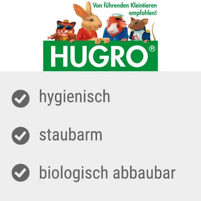 HUGRO. Препоръчано от водещи дребни животни! Хигиенично, ниско съдържание на прах, биоразградимо.