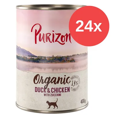 Purizon Organic Duck & Chicken with Zucchini, 400 g, 24x. Widoczny napis: 13% high-quality protein, 75% meat & extra broth. Opakowanie z sylwetką kota.