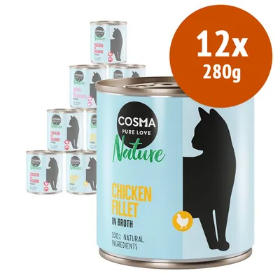Cosma Nature Chicken Fillet in Broth, 12x280g, 100% natural ingredients. Confezione di lattine per gatti con silhouette nera di gatto e scritte visibili sul fronte.