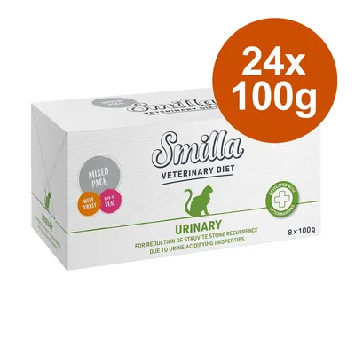 Smilla Veterinary Diet Urinary, lot mixte avec dinde et veau, 24 x 100 g. Texte visible : développé avec des vétérinaires, pour réduire la récidive de calculs de struvite. Smilla Veterinary Diet Urinary, lot mixte avec dinde et veau, 24 x 100 g. Texte visible : développé avec des vétérinaires, pour réduire la récidive de calculs de struvite.