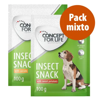 Concept for Life Insect Snack, pack mixto con zanahorias y boniato, 100 g cada uno. Texto visible: Low allergenic potential, No added grains.