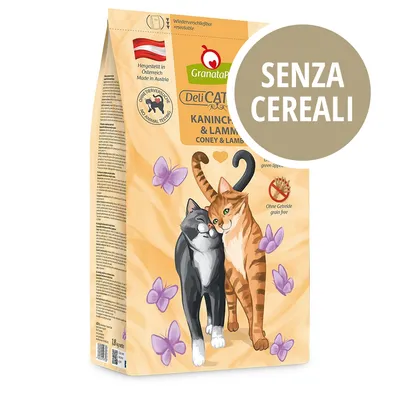 GranataPet DeliCatessen Kaninchen & Lamm per gatti, confezione con scritta 'Senza cereali', prodotto in Austria, senza test sugli animali, illustrazione di due gatti e farfalle.