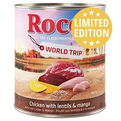 Rocco World Trip Limited Edition, 800 g, Chicken with lentils & mango. Immagine di carne, lenticchie e mango sulla confezione.
