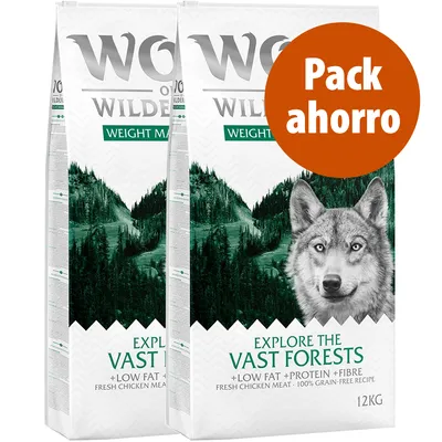 Pack ahorro de 2 sacos de pienso Wolf of Wilderness Weight Management, 12 kg cada uno. Texto visible: Explore the Vast Forests, low fat, protein, fibre, fresh chicken meat, 100% grain-free recipe.