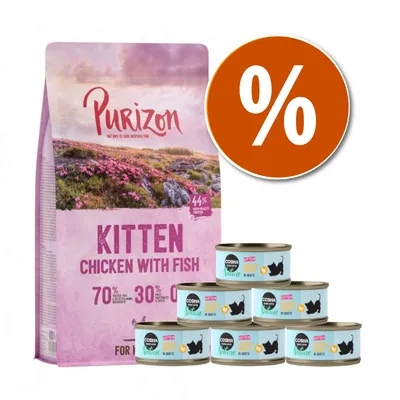 Purizon Kitten Chicken with Fish, saco de pienso 70 % ingredientes animales, 30 % vegetales. Latas Cosma Nature Kitten visibles. Símbolo de porcentaje en círculo naranja.
