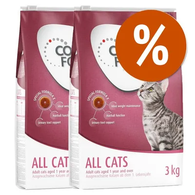 2 sacchi di crocchette per gatti adulti All Cats 3 kg, testo visibile: 'Ideal weight maintenance', 'Hairball function', 'Urinary tract support', simbolo percentuale arancione in alto a destra.