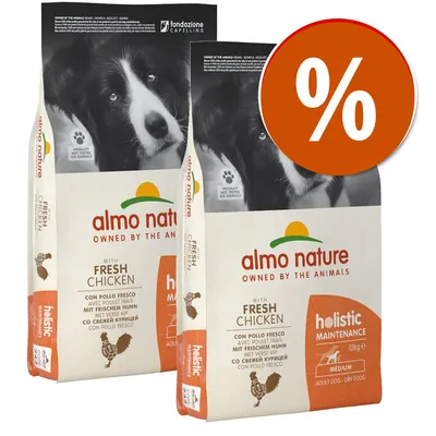 Due sacchi di Almo Nature Holistic Maintenance Medium con pollo fresco, 12 kg ciascuno, per cani adulti. Simbolo percentuale bianco su sfondo arancione in alto a destra.