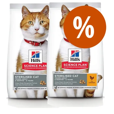 Due confezioni di Hill's Science Plan Sterilised Cat Young Adult 6 Months–6 Years, una con etichetta 'with chicken' e simbolo percentuale arancione per offerta o sconto.