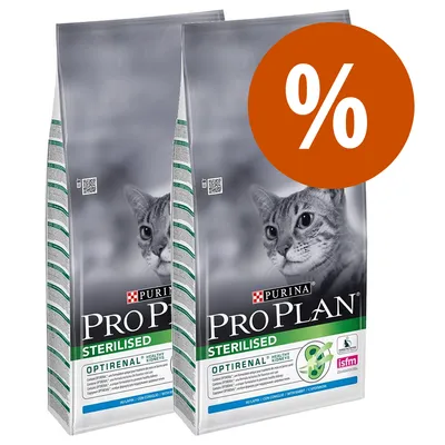 Due confezioni di Purina Pro Plan Sterilised Optirenal con coniglio per gatti, simbolo percentuale arancione in alto a destra che indica offerta o sconto visibile.