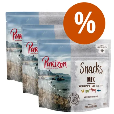 Purizon Snacks Mix per cani adulti, 100 g, con pollo, agnello, manzo, pesce. Confezione multipla con simbolo percentuale arancione in alto a destra.