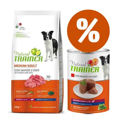 Natural Trainer Medium/Adult con manzo e riso, sacco da 12 kg e lattina con manzo, radice di cicoria, spirulina. Offerta promozionale indicata dal simbolo percentuale.
