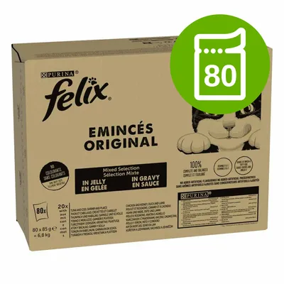 Purina Felix Emincés Original, 80 x 85 g, mieszany wybór w galaretce i sosie. Opakowanie z widocznym napisem 80 saszetek na zielonym tle.