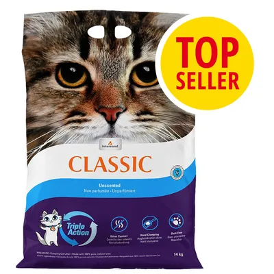 Saco de arena para gatos Intersand Classic, 14 kg, sin perfume. Texto visible: Triple Action, Odour Control, Hard Clumping, Dust Free. Sello Top Seller en círculo amarillo.