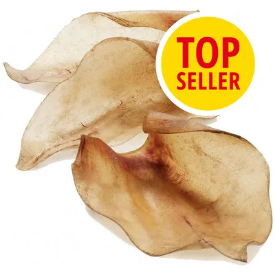 Orecchie di bovino essiccate, tre pezzi visibili. Bollino giallo con testo rosso: TOP SELLER.