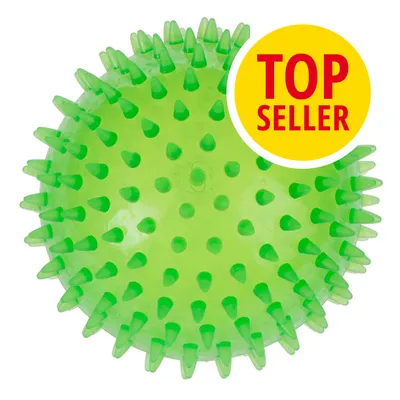 Palla verde con punte in plastica, etichetta gialla con testo rosso 'TOP SELLER' in alto a destra