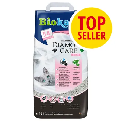 Biokat's Diamond Care Fresh, 10 l, aktivní uhlí, aloe vera, TOP SELLER, obrázek kočky na obalu. Viditelné texty: Premium, Activated carbon, Aloe Vera, 54 dní bez zápachu.