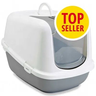 Toilette chiusa per gatti in plastica bianca e grigia con sportello trasparente, maniglia superiore e badge giallo con testo rosso 'TOP SELLER' visibile. Toilette chiusa per gatti in plastica bianca e grigia con sportello trasparente, maniglia superiore e badge giallo con testo rosso 'TOP SELLER' visibile.