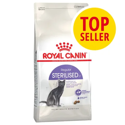 Royal Canin Regular Sterilised 37, alimento per gatti adulti sterilizzati. Etichetta gialla con testo rosso: TOP SELLER. Immagine di un gatto nero sul fronte della confezione.