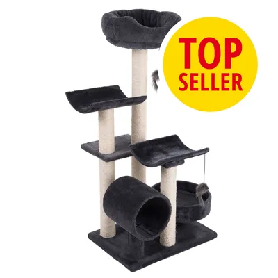Tiragraffi per gatti con più piattaforme, cuccia rotonda, tunnel e colonne in sisal. Cerchio giallo con testo rosso: TOP SELLER.