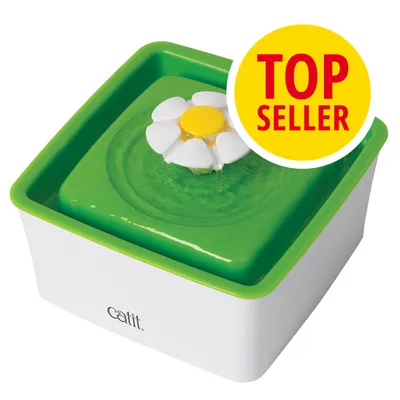 Fontána na vodu pro domácí mazlíčky Catit s květinovým motivem, označení TOP SELLER na žlutém poli v pravém horním rohu.