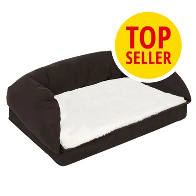 Pelíšek s černými boky a bílou ležící plochou, žlutý kruh s červeným textem TOP SELLER v pravém horním rohu