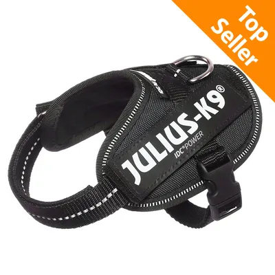 Pettorina nera in tessuto con scritta visibile JULIUS-K9 IDC® POWER, fibbia di plastica e anello metallico. Etichetta arancione in alto a destra: Top Seller.