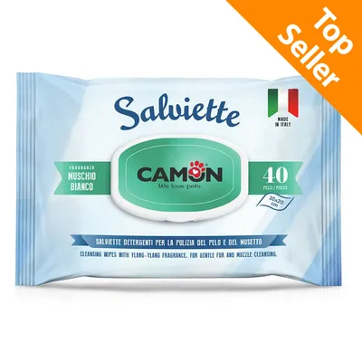 CAMON Salviette rengöringsservetter, 40 st, doft Muschio Bianco, 30×20 cm. Text: Top Seller, Made in Italy. För päls och nosrengöring. Synlig italiensk flagga. CAMON Salviette rengöringsservetter, 40 st, doft Muschio Bianco, 30×20 cm. Text: Top Seller, Made in Italy. För päls och nosrengöring. Synlig italiensk flagga.
