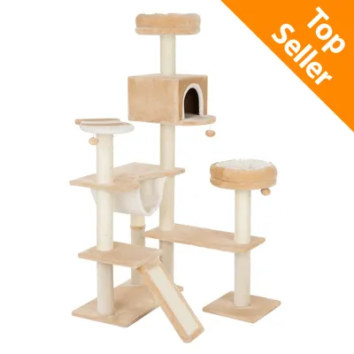 Tiragraffi beige con più piattaforme, cuccia chiusa, amaca, ciotola imbottita e rampa. Angolo arancione in alto a destra con testo: Top Seller.
