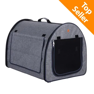 Trasportino pieghevole in tessuto grigio con maniglia superiore, finestra frontale in rete e badge arancione Top Seller nell'angolo in alto a destra.