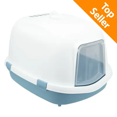 Toilette chiusa per gatti in plastica bianca e azzurra con sportello trasparente. Etichetta arancione in alto a destra con testo: Top Seller.