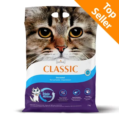 Intersand Classic lettiera per gatti, Unscented, Triple Action, controllo odori, agglomerante, senza polvere, sacco da 7 kg. Top Seller visibile in alto a destra.