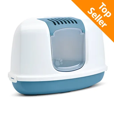 Toilette chiusa per gatti in plastica bianca e azzurra con sportello trasparente, angolo arancione in alto a destra con testo: Top Seller