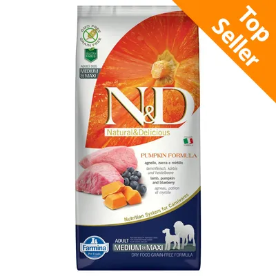 Farmina N&D Pumpkin Formula agnello, zucca e mirtillo per cani adulti taglia medium e maxi. Scritta Top Seller in alto a destra. Senza cereali, senza OGM, gluten free.