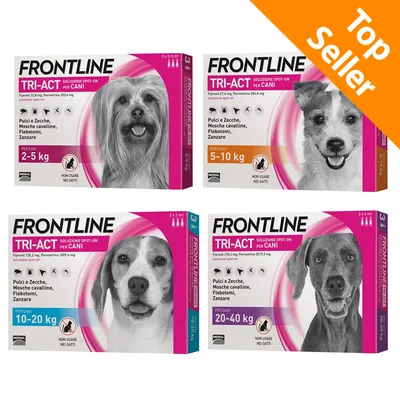Frontline Tri-Act per cani, soluzione spot-on contro pulci, zecche, mosche cavalline, flebotomi, zanzare. Confezioni per 2–5 kg, 5–10 kg, 10–20 kg, 20–40 kg. Top Seller.