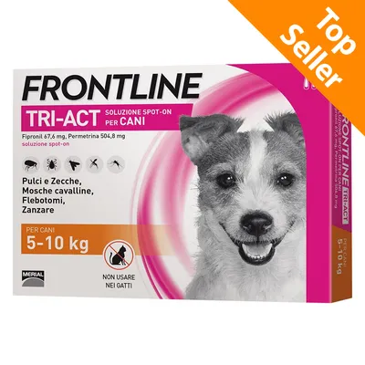 Frontline Tri-Act soluzione spot-on per cani 5–10 kg, Fipronil 67,6 mg, Permetrina 504,8 mg. Pulci e zecche, mosche cavalline, flebotomi, zanzare. Non usare nei gatti. Top Seller.