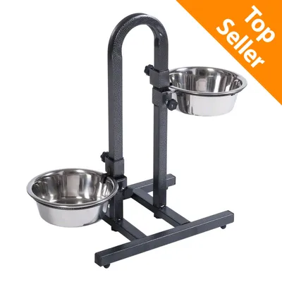 Due ciotole in acciaio inox su supporto regolabile in metallo, etichetta arancione con testo Top Seller in alto a destra.