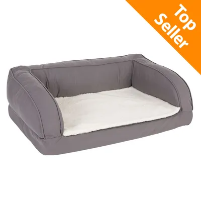 Divanetto per animali in tessuto grigio con cuscino interno bianco, angolo arancione in alto a destra con testo: Top Seller