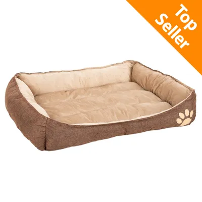 Cuscino rettangolare per animali in tessuto marrone e beige con impronta di zampa visibile. Angolo superiore destro con scritta Top Seller su sfondo arancione. Cuscino rettangolare per animali in tessuto marrone e beige con impronta di zampa visibile. Angolo superiore destro con scritta Top Seller su sfondo arancione.