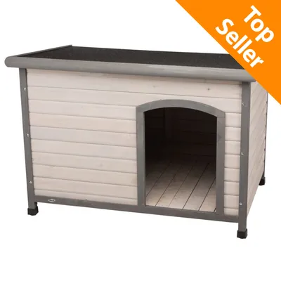 Cuccia per cani in legno con tetto piatto, apertura frontale ad arco. Angolo superiore destro con etichetta arancione: Top Seller.