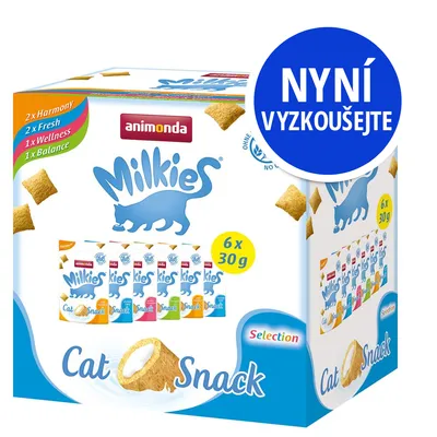 Animonda Milkies Cat Snack Selection, 6×30g. Varianty: 2× Harmony, 2× Fresh, 1× Wellness, 1× Balance. Nápis: NYNÍ VYZKOUŠEJTE.