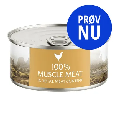 Dåse med teksten '100 % MUSCLE MEAT IN TOTAL MEAT CONTENT' og et hvidt kyllingesymbol. Blåt mærke med teksten 'PRØV NU'.