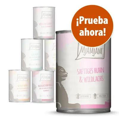 Latas de comida para gatos MjAMjAM con diferentes variedades. Texto destacado: '¡Prueba ahora!'. En primer plano: Saftiges Huhn & Wildlachs.