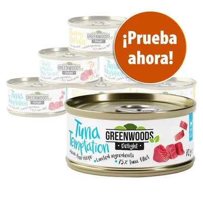 Latas de comida Greenwoods Delight, variedades Tuna Temptation y Charming Chicken. Texto visible: '¡Prueba ahora!'. Lata de 70 g con 75 % filete de atún.