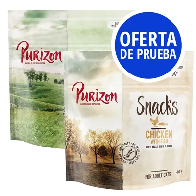 Purizon Snacks Chicken with Fish para gatos adultos, 100 % carne, pescado e hígado, 40 g. Oferta de prueba visible en círculo azul.