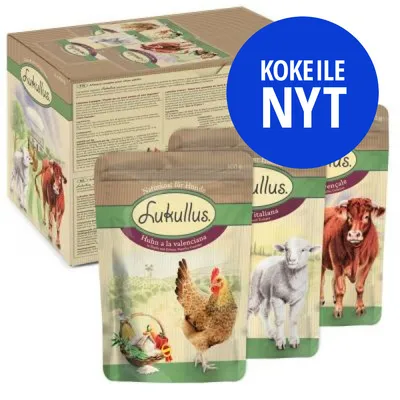 Lukullus koiran märkäruokapakkaukset, pakkauksissa kana, lammas ja nauta. Sininen ympyrä: KOKEILE NYT.