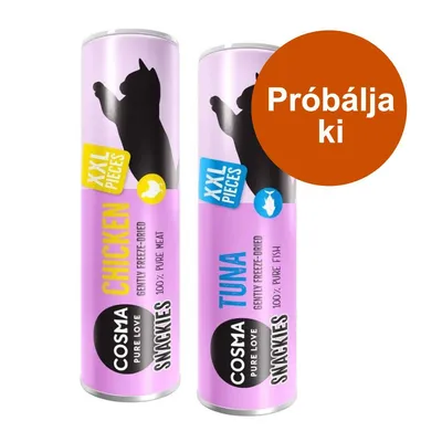 Cosma Snackies XXL Pieces csirke és tonhal, 100% tiszta hús/hal, gently freeze-dried. Próbálja ki felirat narancssárga körben. Cosma Snackies XXL Pieces csirke és tonhal, 100% tiszta hús/hal, gently freeze-dried. Próbálja ki felirat narancssárga körben.