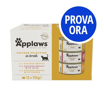 Applaws Natural Cat Food Chicken Selection in broth, 12 x 156 g: 4 x chicken breast, 4 x chicken breast with duck, 4 x chicken breast with cheese. Testo visibile: PROVA ORA.